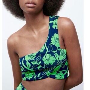 NWT Zara One Shoulder Floral Navy Blue & Neon Green Crop Top Size S